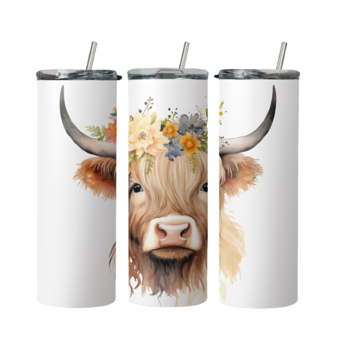 Highland Cow With Flowers Steel Tumbler With Straw