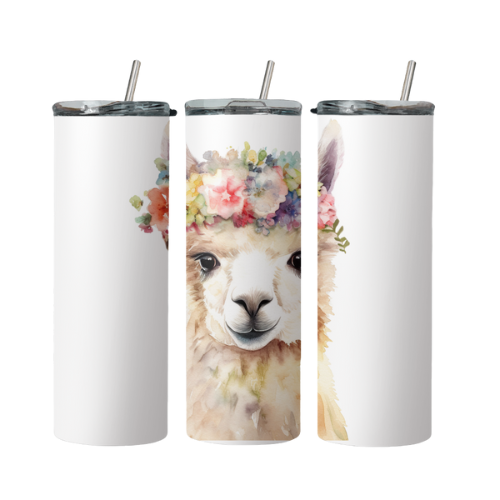 Alpaca With Flowers Steel Tumbler With Straw