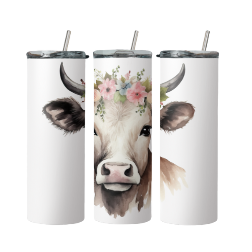 Dairy Cow With Flowers Steel Tumbler With Straw