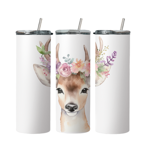 Deer With Flowers Steel Tumbler With Straw