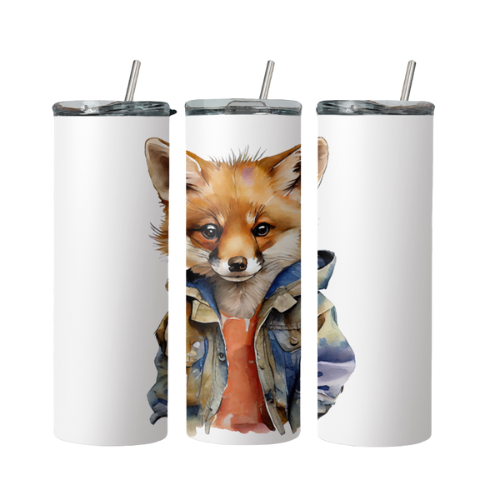 Fox In Denim Jacket Steel Tumbler With Straw