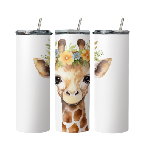 Giraffe With Flowers Steel Tumbler With Straw