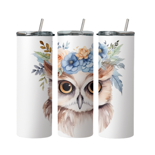 Owl With Blue Flowers Steel Tumbler With Straw