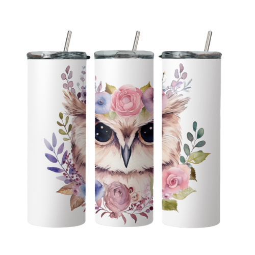 Owl With Pink Flowers Steel Tumbler With Straw