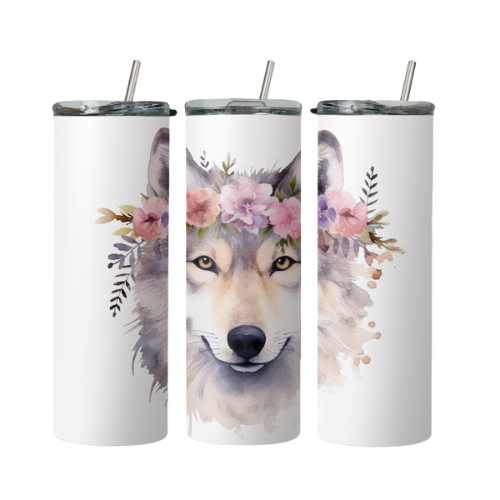 Wolf With Flowers Steel Tumbler With Straw