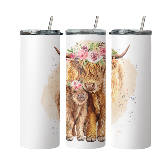 Highland Cow & Calf Steel Tumbler With Straw