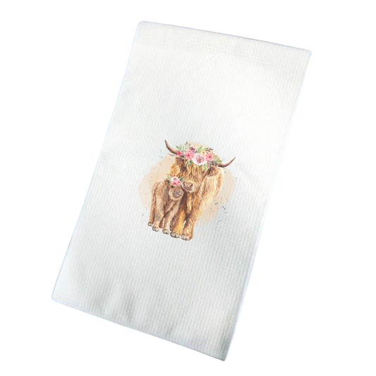 Highland Cow & Calf Waffle Tea Towel