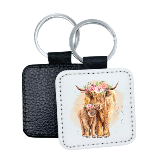 Highland Cow & Calf Faux Leather Square Keyring