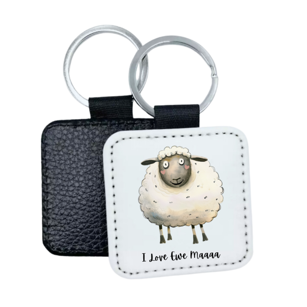 I Love Ewe Maaa Faux Leather Square Keyring