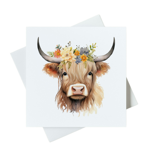 Highland Cow With Flowers Card