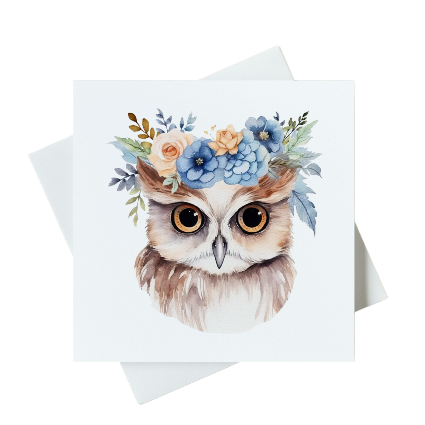 Blue Owl With Flowers Card