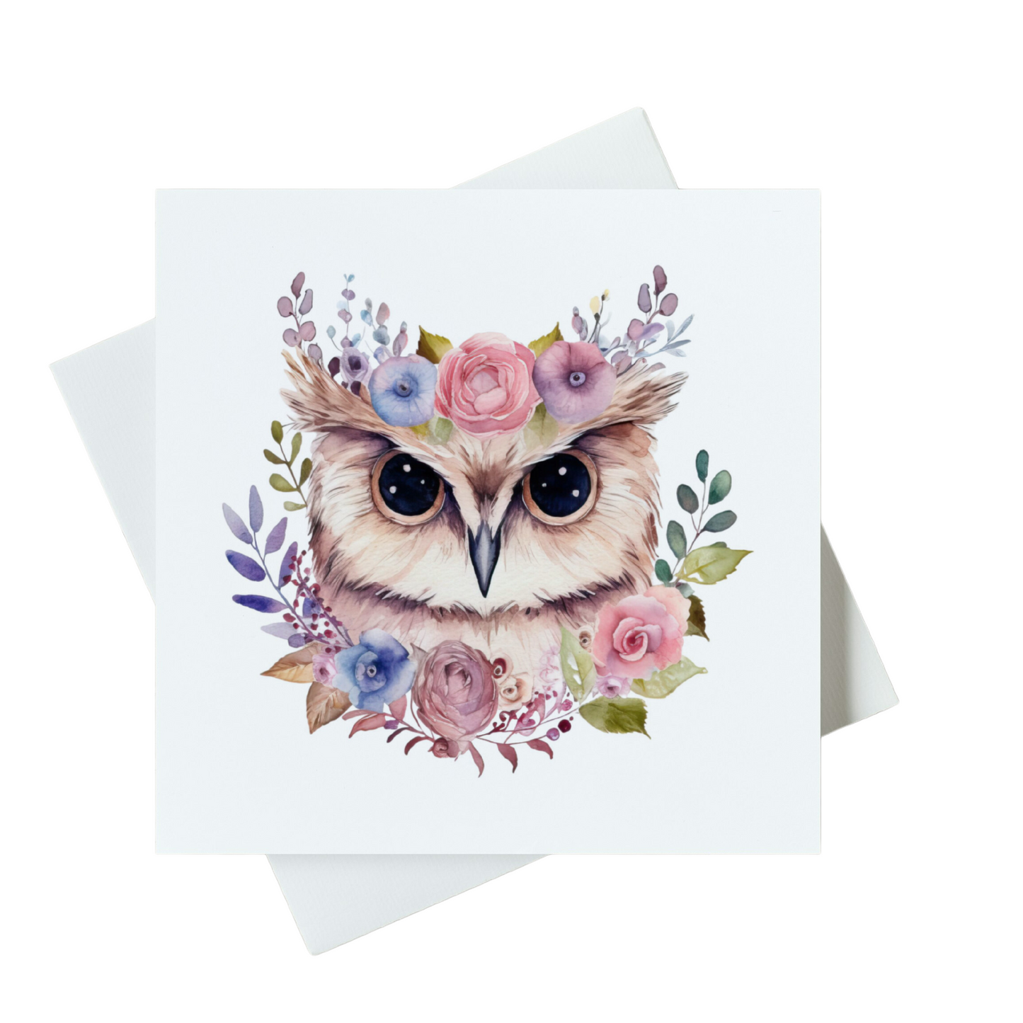 Pink Owl With Flowers Card