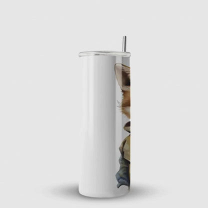 Fox In Denim Jacket Steel Tumbler With Straw