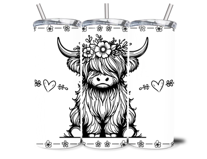 Black & White Highland Cow Steel Tumbler With Straw