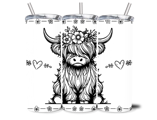 Black & White Highland Cow Steel Tumbler With Straw