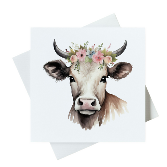 White Cow With Flowers Card